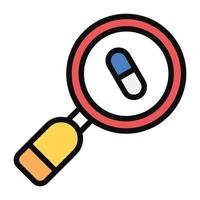 Pill under magnifying glass, search medicine icon vector