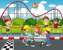 Outdoor scene with children racing car vector