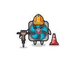 road worker mascot of computer fan holding drill machine vector