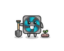 cute computer fan cartoon is planting a tree seed vector