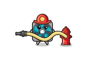 computer fan cartoon as firefighter mascot with water hose vector