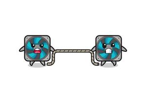 cute computer fan character is playing tug of war game vector