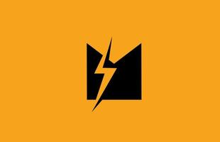 M black yellow alphabet letter logo icon. Electric lightning design for power or energy business vector