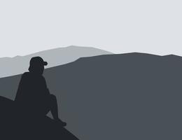 Vector illustration of a man sitting on a mountain with a beautiful view of the mountains. Illustration of a mountain