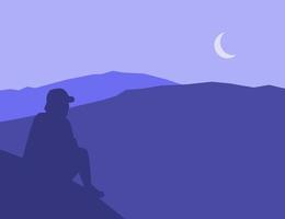 ilustración vectorial de un hombre sentado en una montaña con una hermosa vista de las montañas. ilustración de una montaña vector