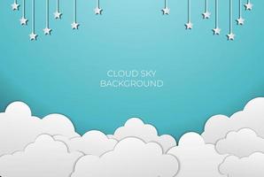 Blue Sky with Paper Cut Clouds and Star Background. Vector Illustration