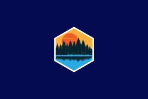 Sunset Sunrise Pine Evergreen Fir Hemlock Spruce Conifer Cedar Coniferous Cypress Larch Trees Forest Creek River Lake Badge Logo Design Vector