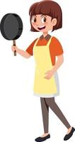 A woman holding a pan wearing apron cartoon character on white background vector