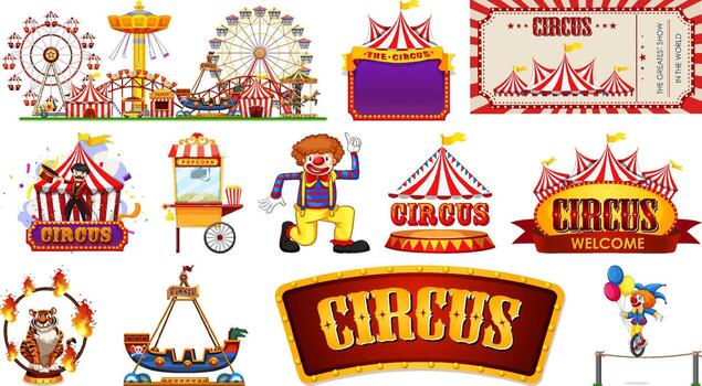 Set of circus characters and amusement park elements vector