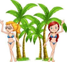 dos chicas en traje de baño con palmeras vector