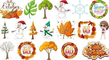 Set of four seasons trees and nature objects vector