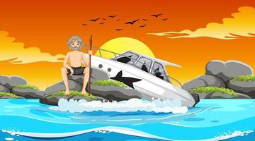 A man crashing speedboat on the rocky island vector