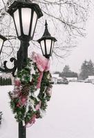 Wreath resting on lamp post with snow in the background photo