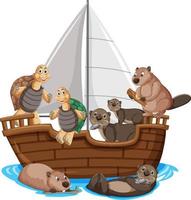 Wild animals on a ship in cartoon style vector