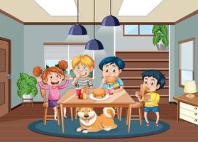 Children having meal together in room scene vector