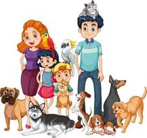 Family members with many dogs in cartoon style vector