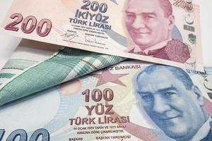 istanbul,Turkey-January 4,2022.Close up Turkish lira banknotes on green handkerchief. photo