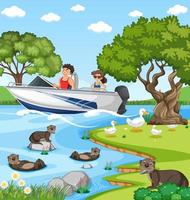 River forest scene with traveller on a speed boat vector