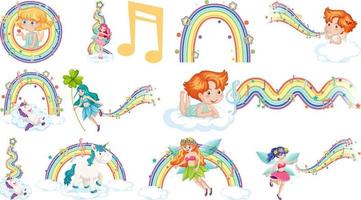 Set of fantasy fairies and cupids with rainbow elements vector