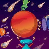 Aliens in outer space with Mars planet in cartoon style vector