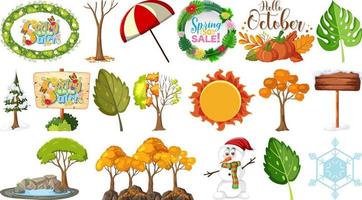 Set of four seasons trees and nature objects vector