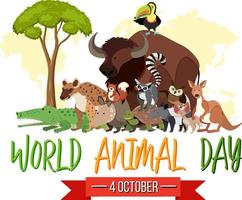 banner del día mundial de los animales con animales salvajes en estilo de dibujos animados vector