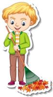 A boy using rake cartoon character vector