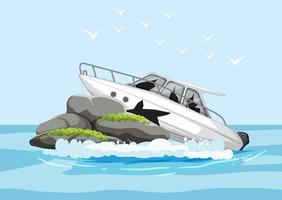 A speedboat crashing rocks in the middle of ocean vector