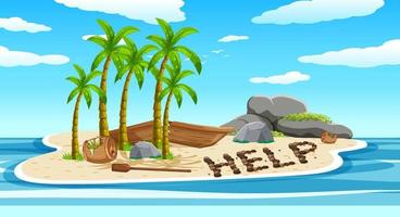 Deserted island with broken boat lying on the beach with help sign vector