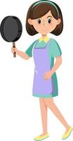 A woman holding a pan wearing apron cartoon character on white background vector