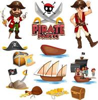 Set of pirate cartoon characters and objects vector