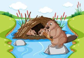 Forest scene with beavers living in dam vector