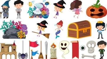 Set of isolated fairytale cartoon characters and objects vector