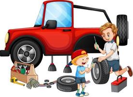 Dad and son fixing a car together on white background vector