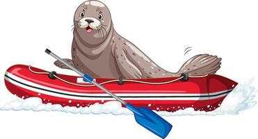 Seal on inflatable boat in cartoon style vector