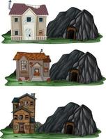 Conjunto de diferentes casas abandonadas con cueva de roca. vector