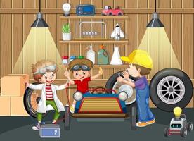 Children repairing a car together in the garage