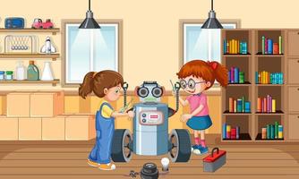 Children fixing a robot together in the room scene vector