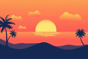 Sunset Tropical Beach with Palm Trees and Sea for Summer Resort Background. Vector Illustration