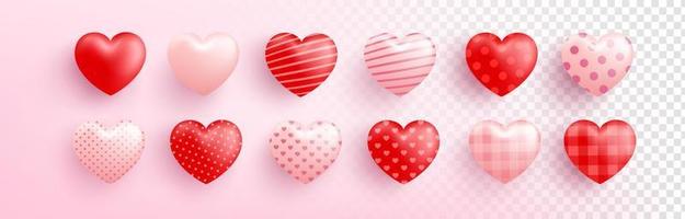 corazón dulce rojo y rosa con diferentes patrones sobre fondo transparente. lindo corazón para el amor y el día de san valentín template.vector ilustración eps 10 vector