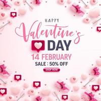 banner de venta del día de san valentín para el sitio web de redes sociales con corazones dulces, burbujas de discurso y elementos de san valentín sobre fondo rosa. promoción y plantilla de compras para el concepto de amor y día de san valentín. vector