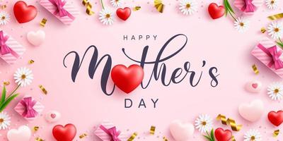 Mother's Day banner with sweet hearts and cute gift box on pink background.Promotion and shopping template or background for Love and Mother's day concept.Vector illustration eps 10 vector