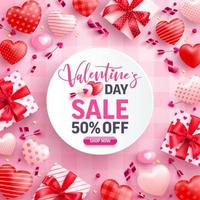 cartel o pancarta de venta del día de san valentín con linda caja de regalo, corazones dulces y elementos de san valentín sobre fondo rosa. promoción y plantilla de compras para el amor y el concepto del día de san valentín. vector