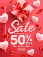 Valentine's Day Sale Poster or banner with sweet hearts and gift box on red background.Promotion and shopping template or background for Love and Valentine's day concept. vector