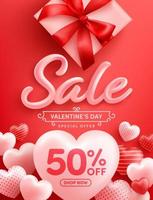 Valentine's Day Sale Poster or banner with many sweet hearts and gift box on red background.Promotion and shopping template or background for Love and Valentine's day concept. vector