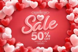 Valentine's Day Sale Poster or banner with many sweet hearts on red background.Promotion and shopping template or background for Love and Valentine's day concept.