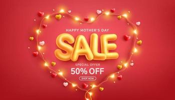 Mother's Day Sale Poster or banner with love heart and symbol of heart from LED lights on red background.Promotion and shopping template or background for Love and Mother's day concept. vector