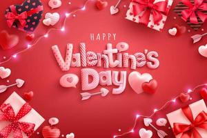 Happy Valentine's Day Poster or banner with sweet hearts and gift box on red background.Promotion and shopping template or background for Love and Valentine's day concept vector