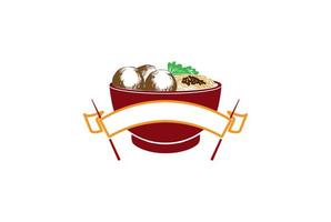 Red Bowl Chopstick with Meatball and Noodle Asian Japanese Chinese Korean Oriental Food Restaurant Logo Design Vector