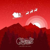 Merry Christmas background vector illustration with Copy space and Santa Claus Reindeer Sleigh Silhouette flying over pine forest on Christmas night